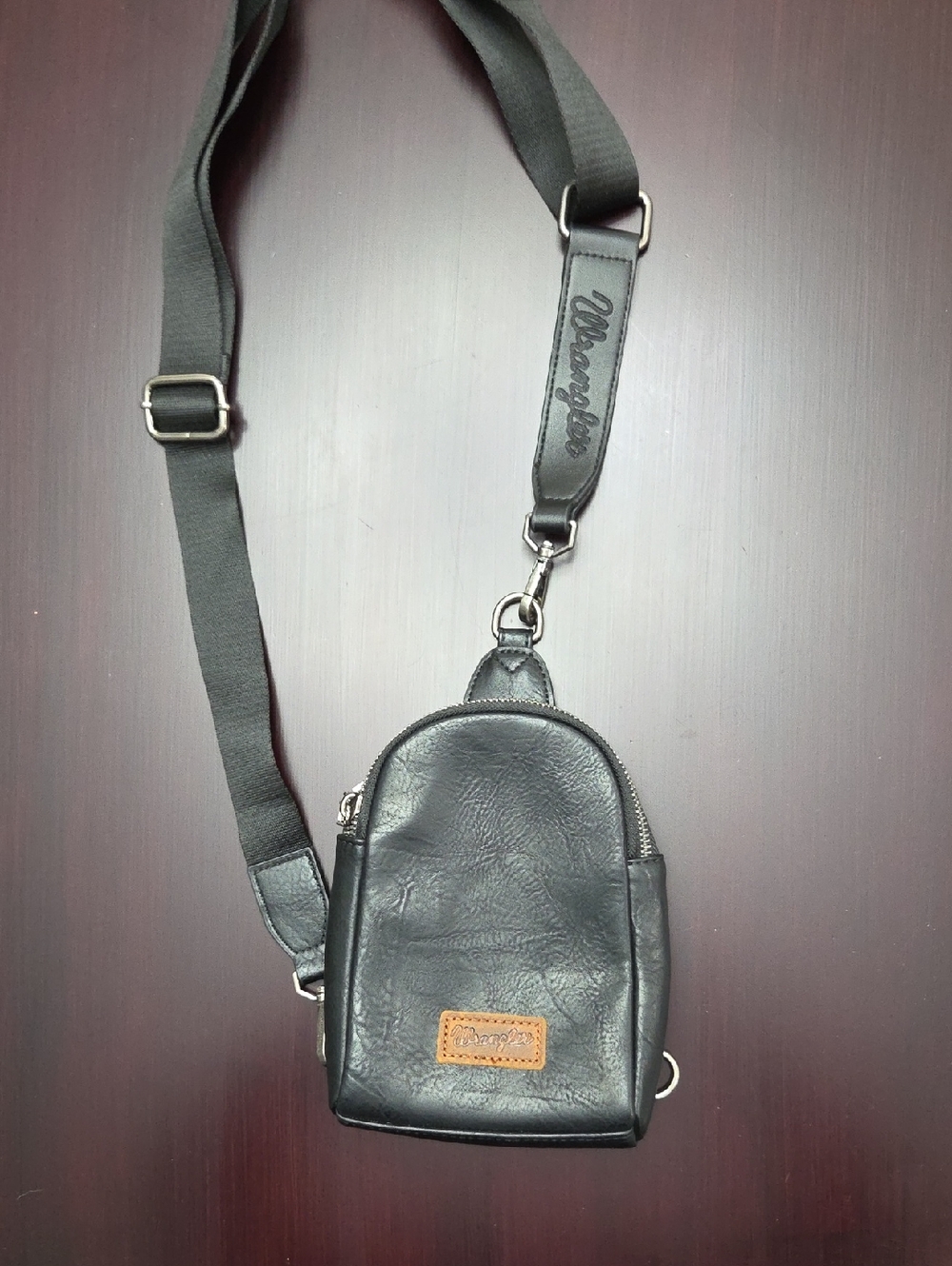 Wrangler Black Crossbody Mini Sling Bag with Brown Logo Patch